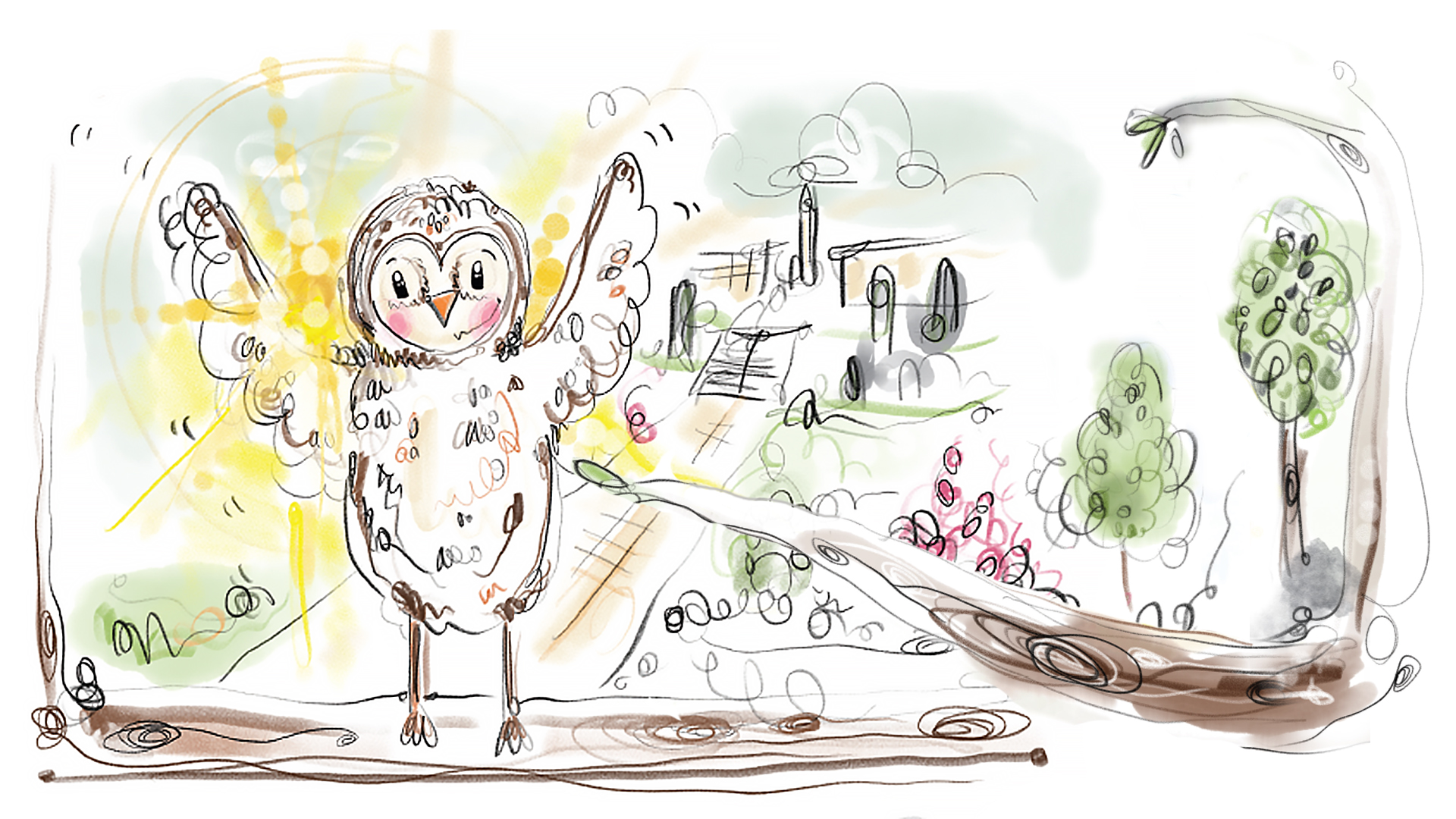 Graphic showing Arbie the Owl overlooking a sunny Arboretum from a tree