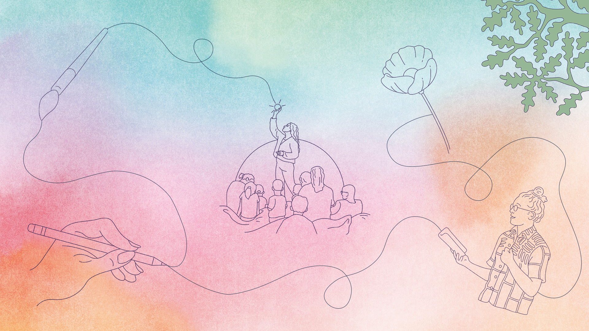 A line art drawing showing art, poetry and performance on a multicolour watercolour background. All items are connected with a line, extending from a pencil.