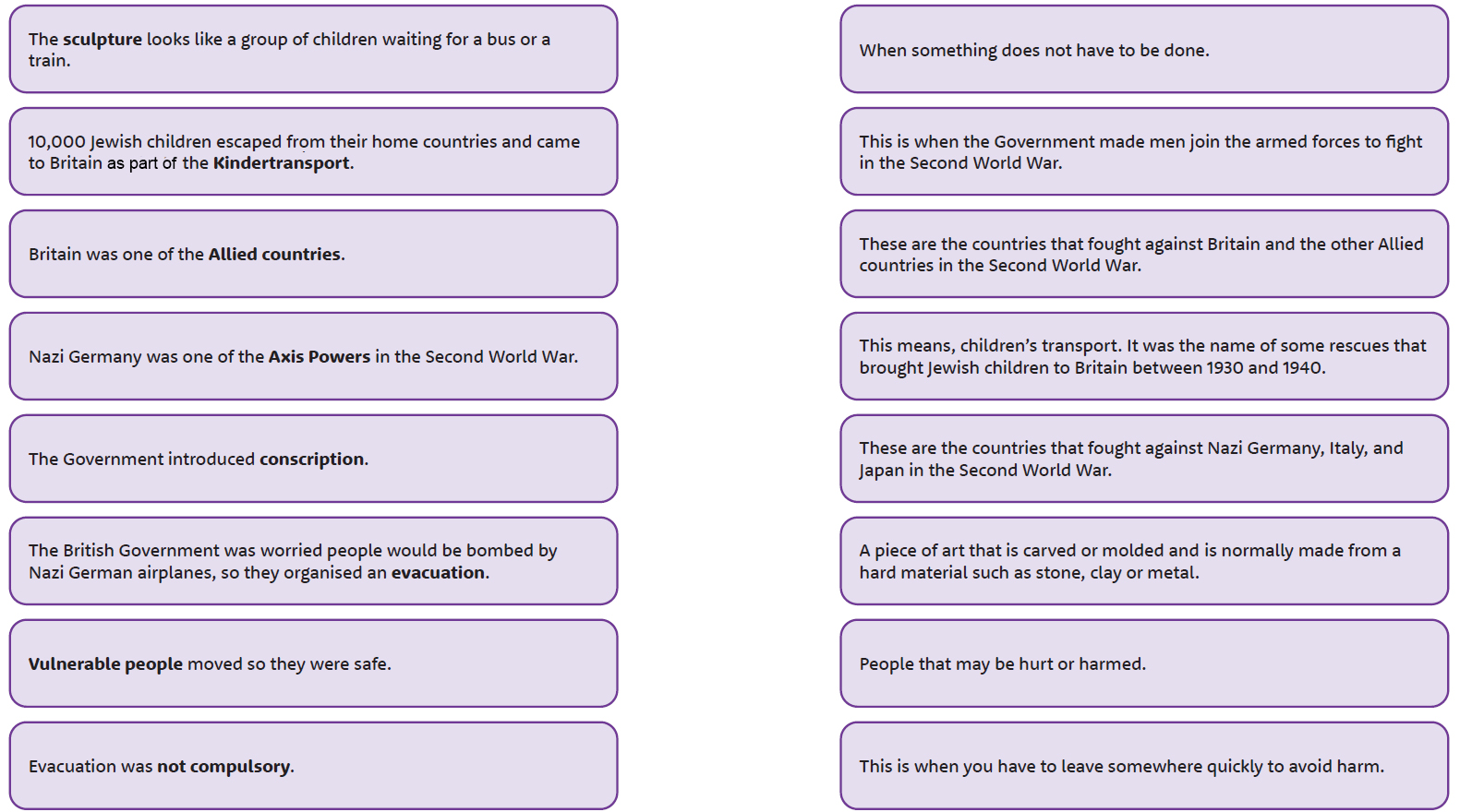 Task involving matching words with their meanings